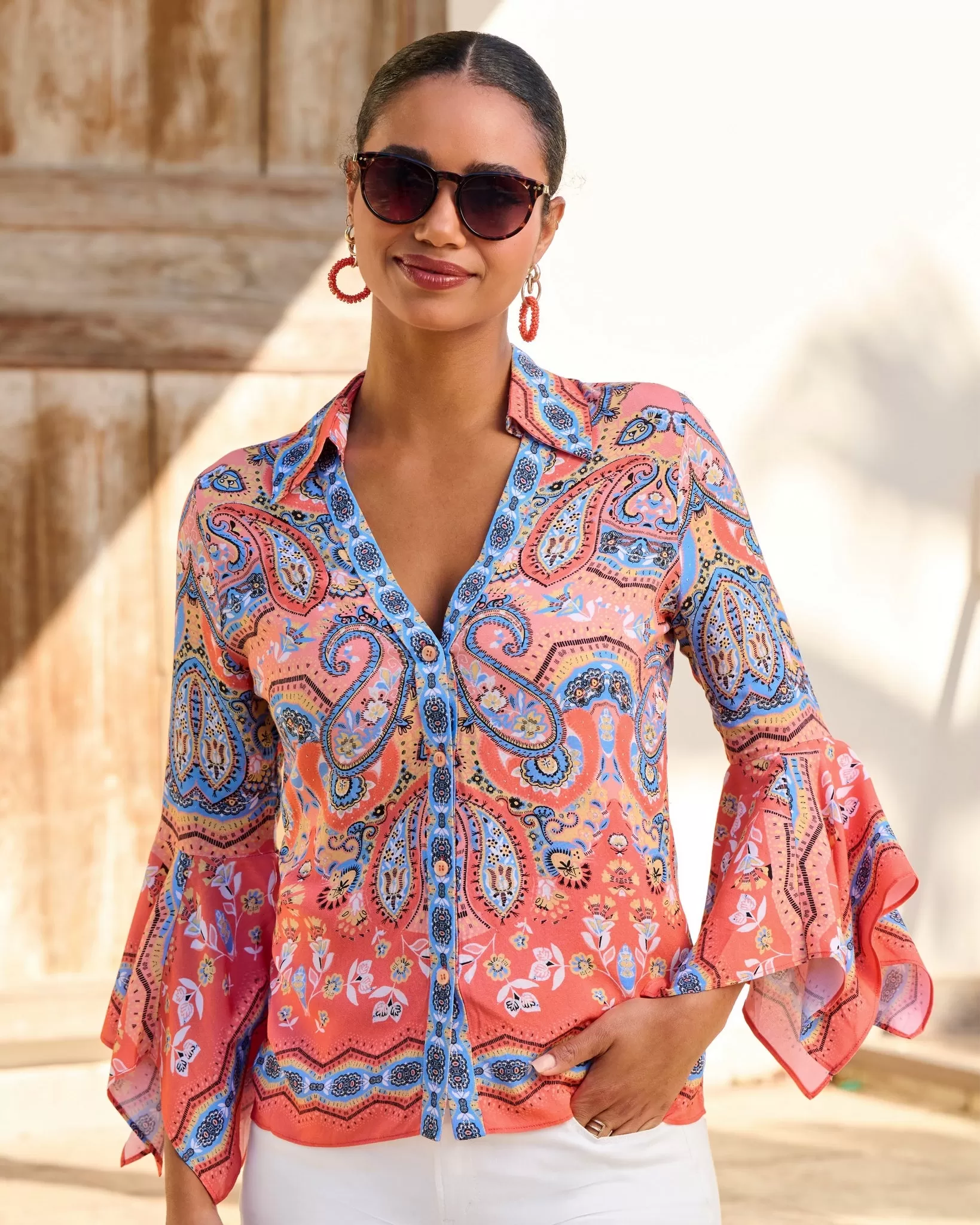 Border Print Flare Sleeve Shirt Multi