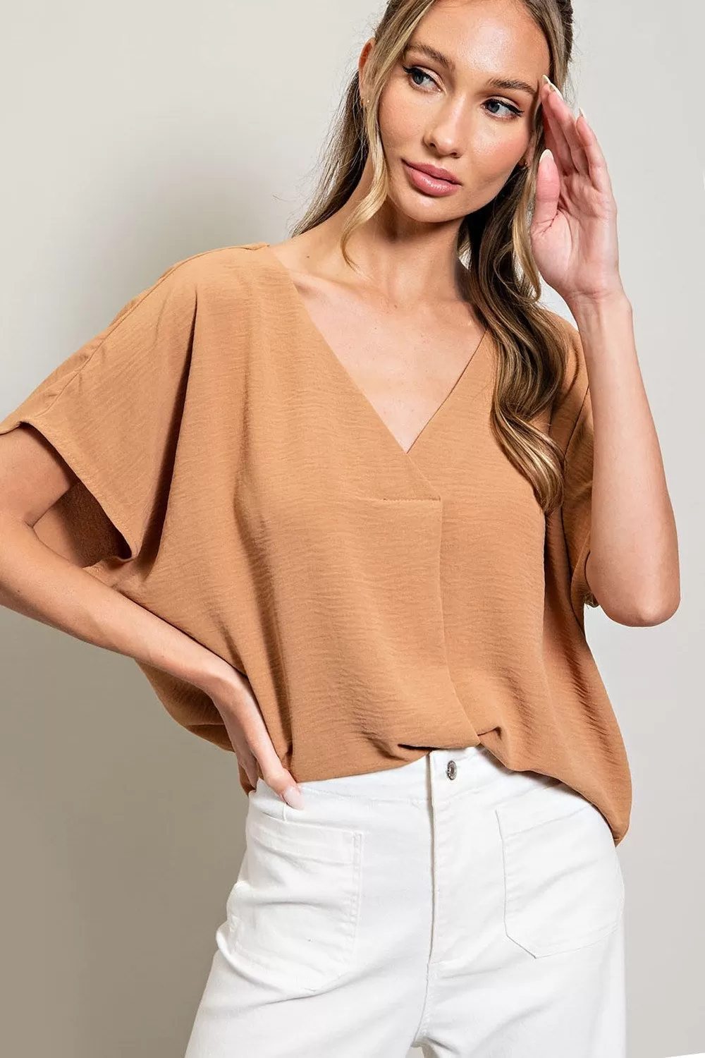 Breezy Short Sleeve Deep V-Neck Blouse