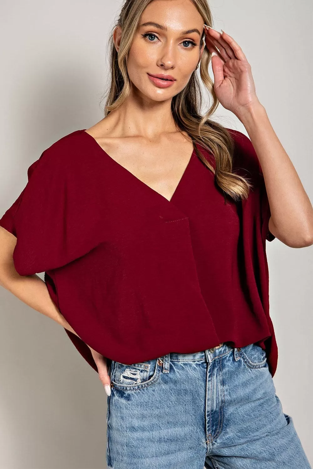 Breezy Short Sleeve Deep V-Neck Blouse