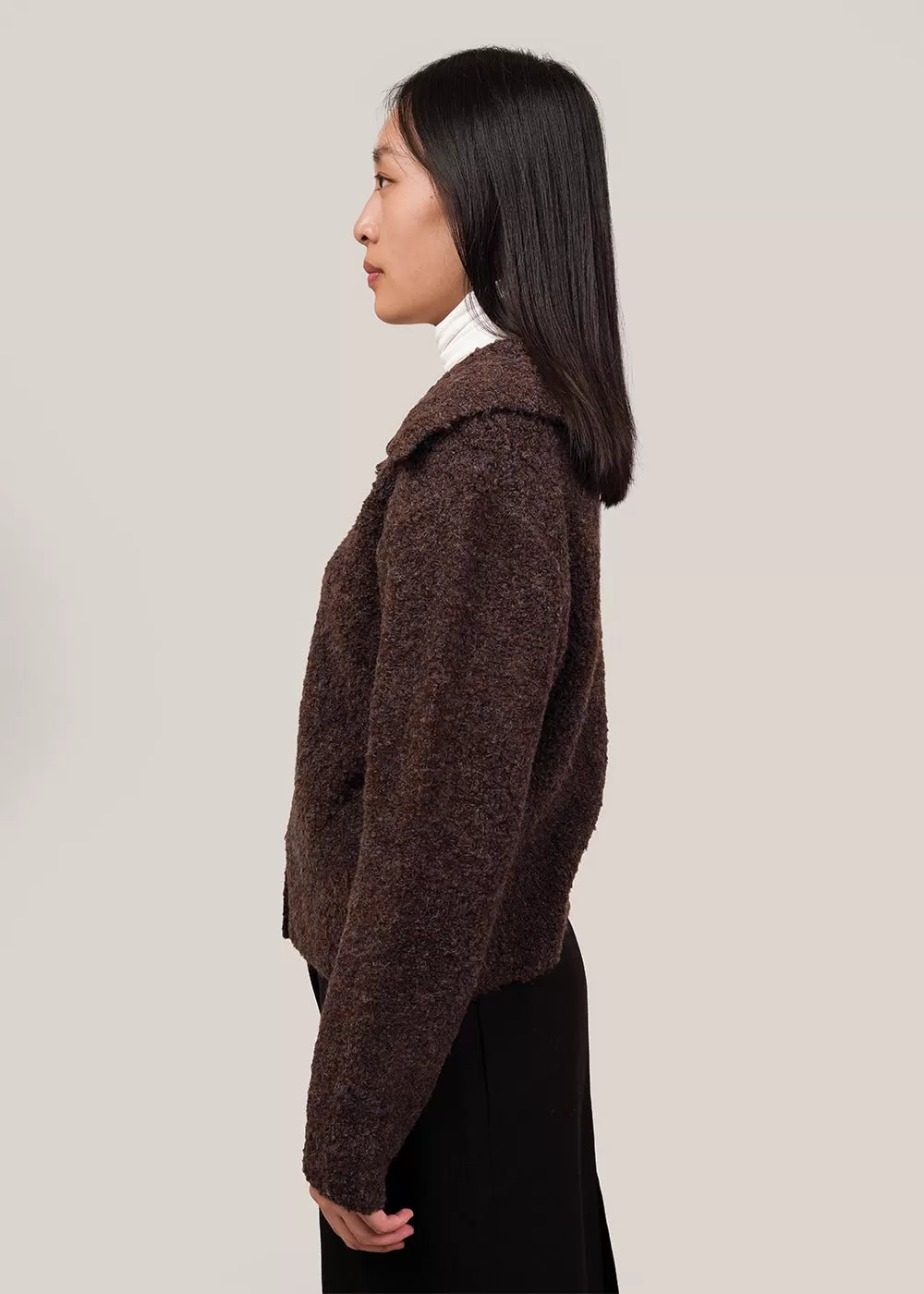 Brown Spread Collar Boucle Cardigan