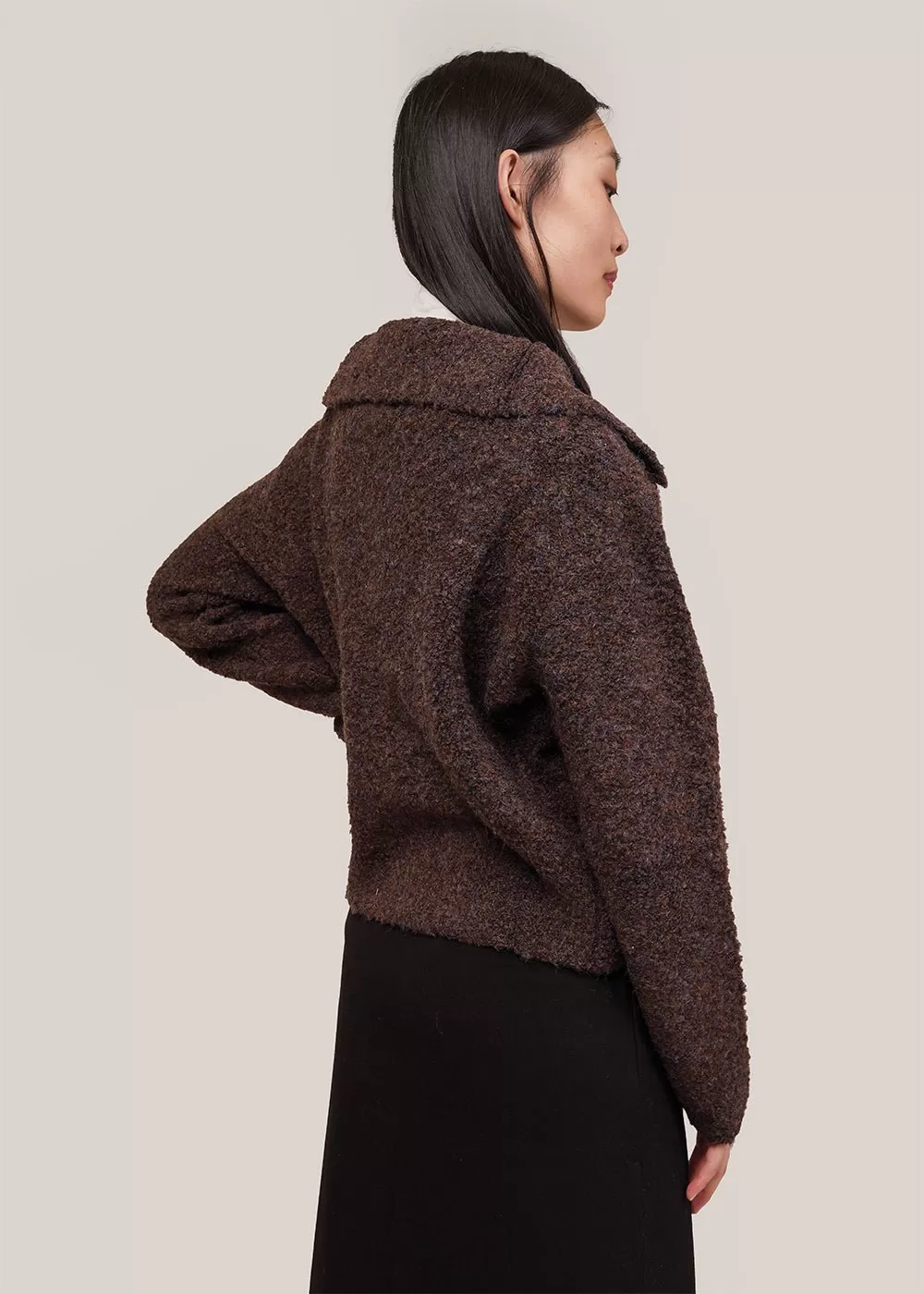 Brown Spread Collar Boucle Cardigan