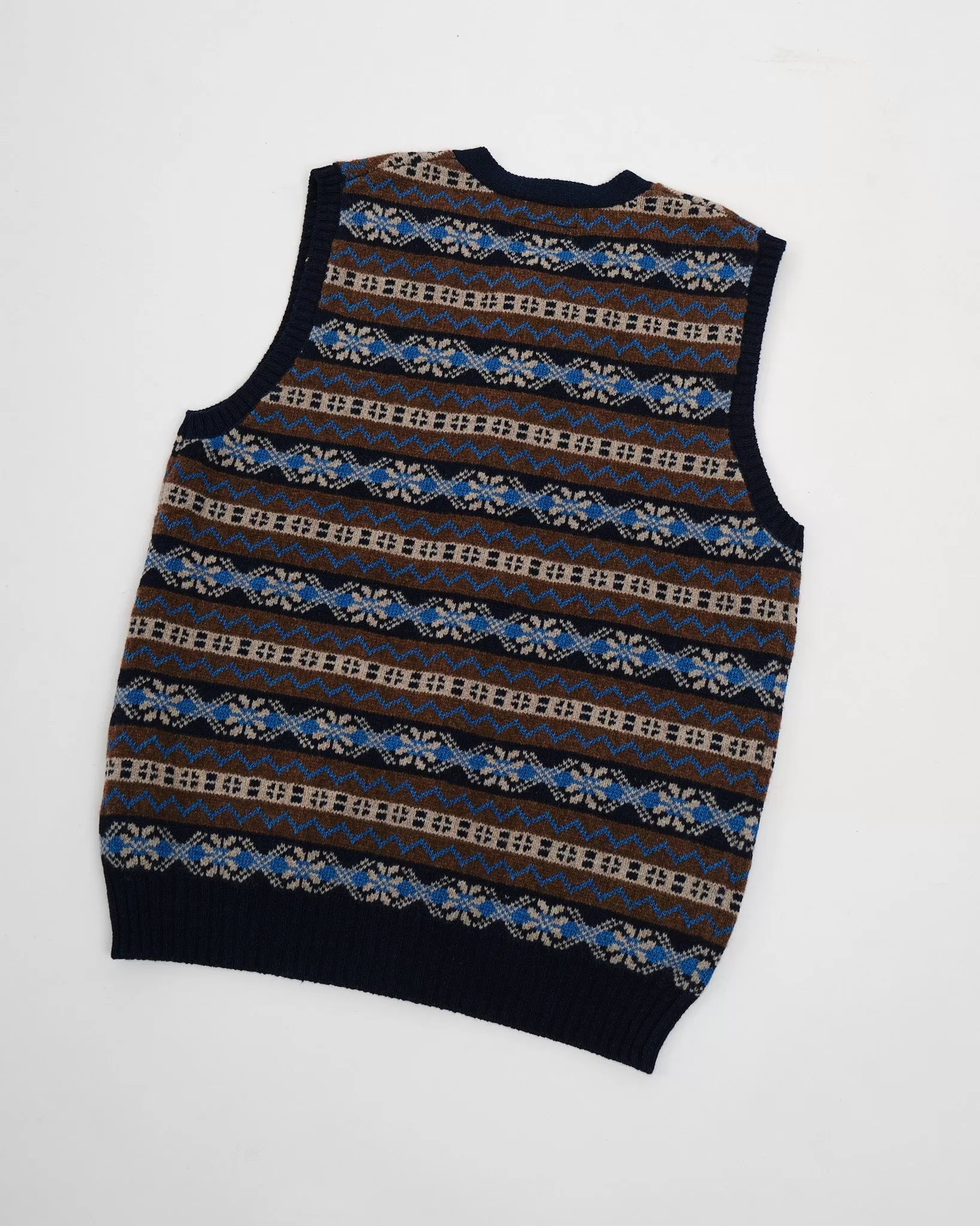 Button Knit Vest Indigo Fair Isle Brown