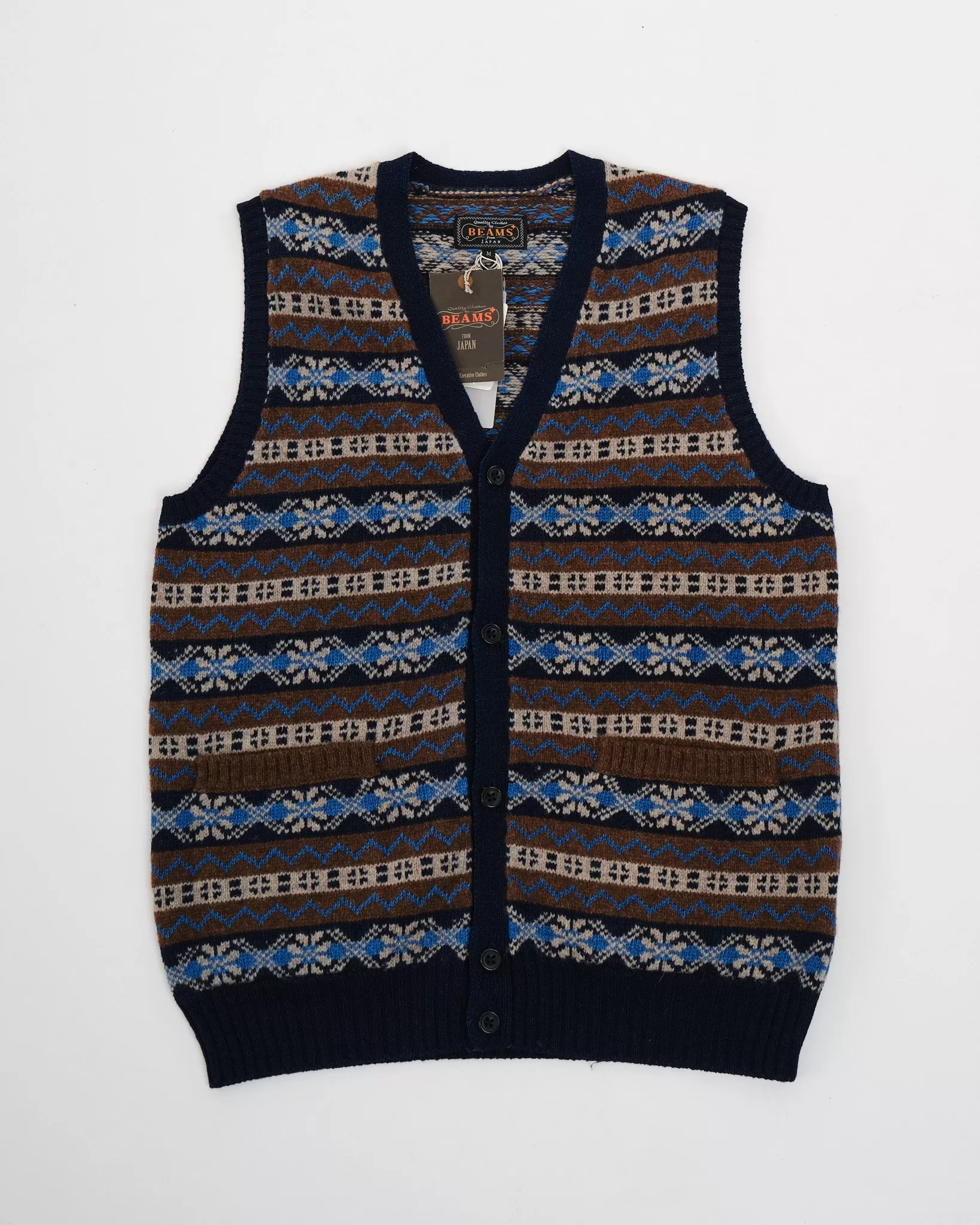 Button Knit Vest Indigo Fair Isle Brown