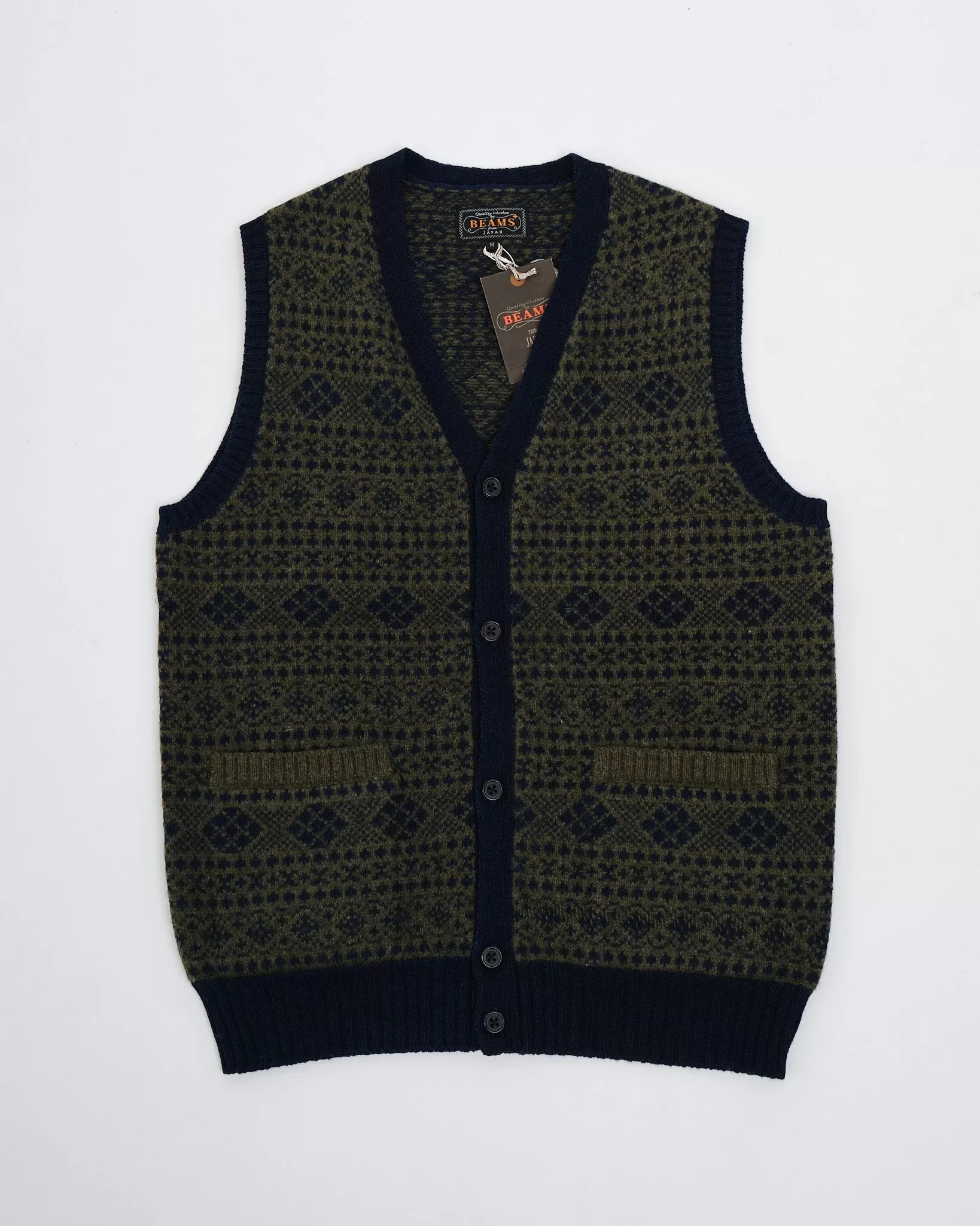 Button Knit Vest Indigo Fair Isle Green