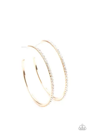 By Popular Vote Gold and White Rhinestone Hoop Earrings - Paparazzi Accessories