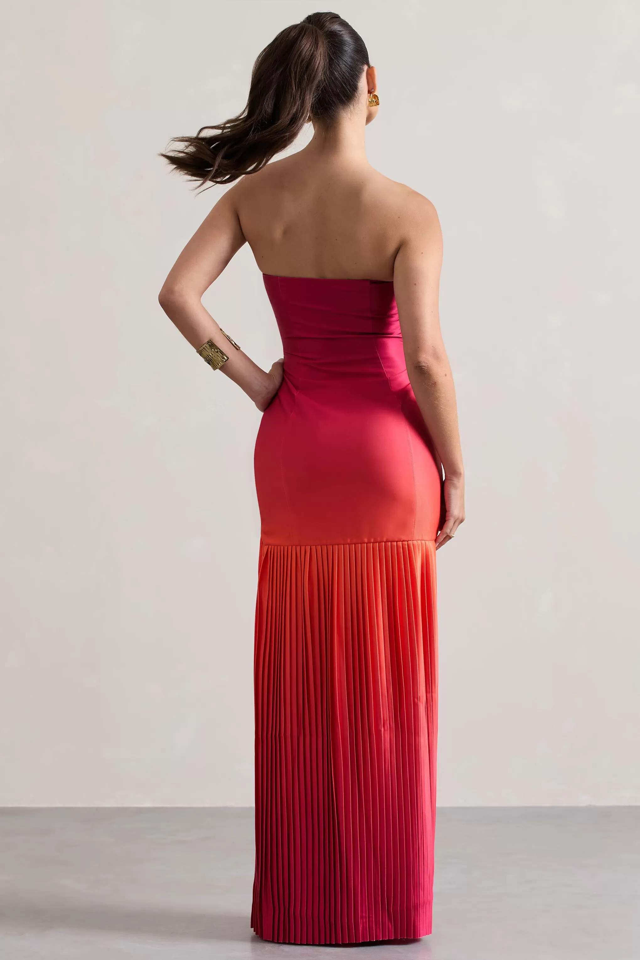 California | Pink & Orange Ombre Bandeau Plisse Maxi Dress