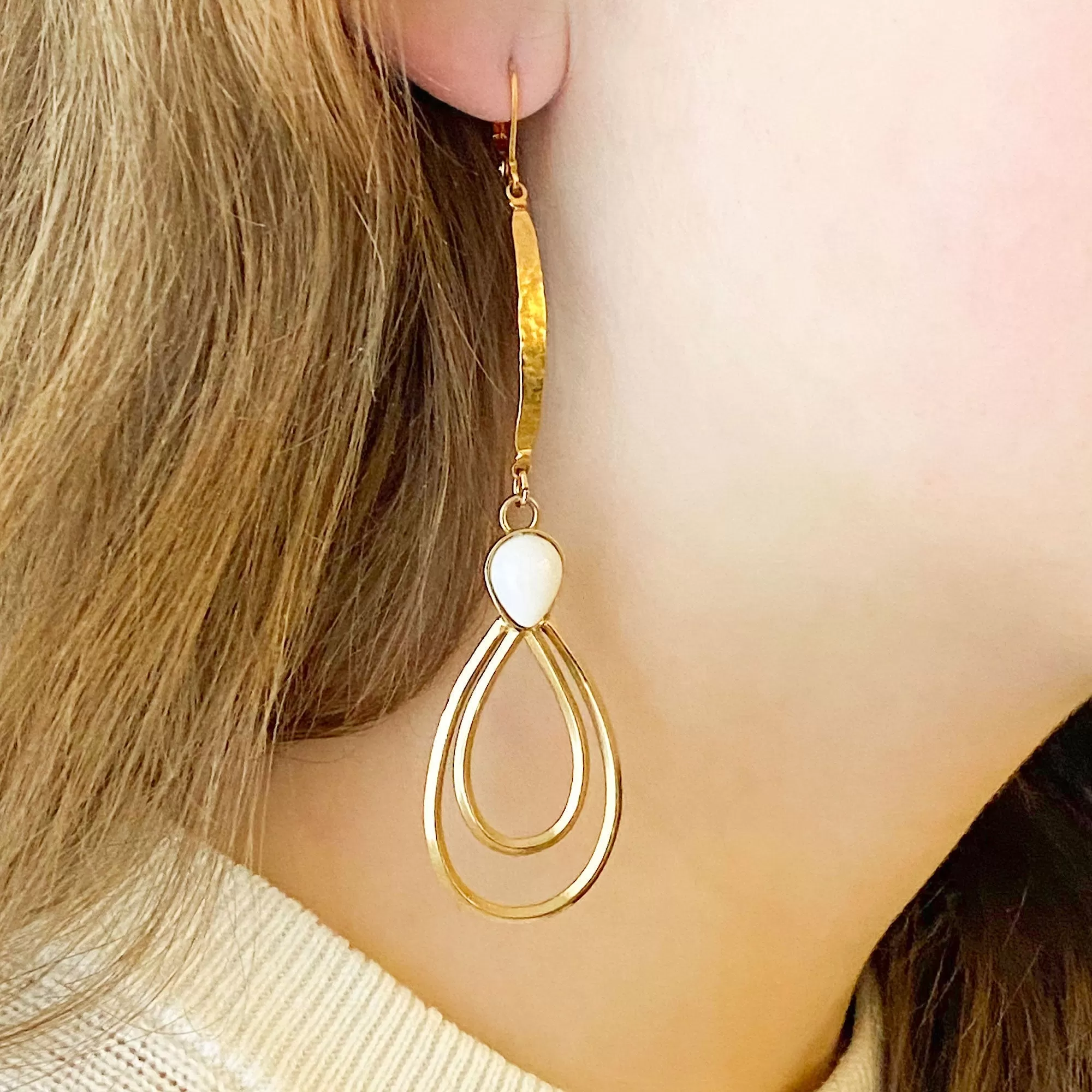 CAMDEN gold and white long teardrop earrings