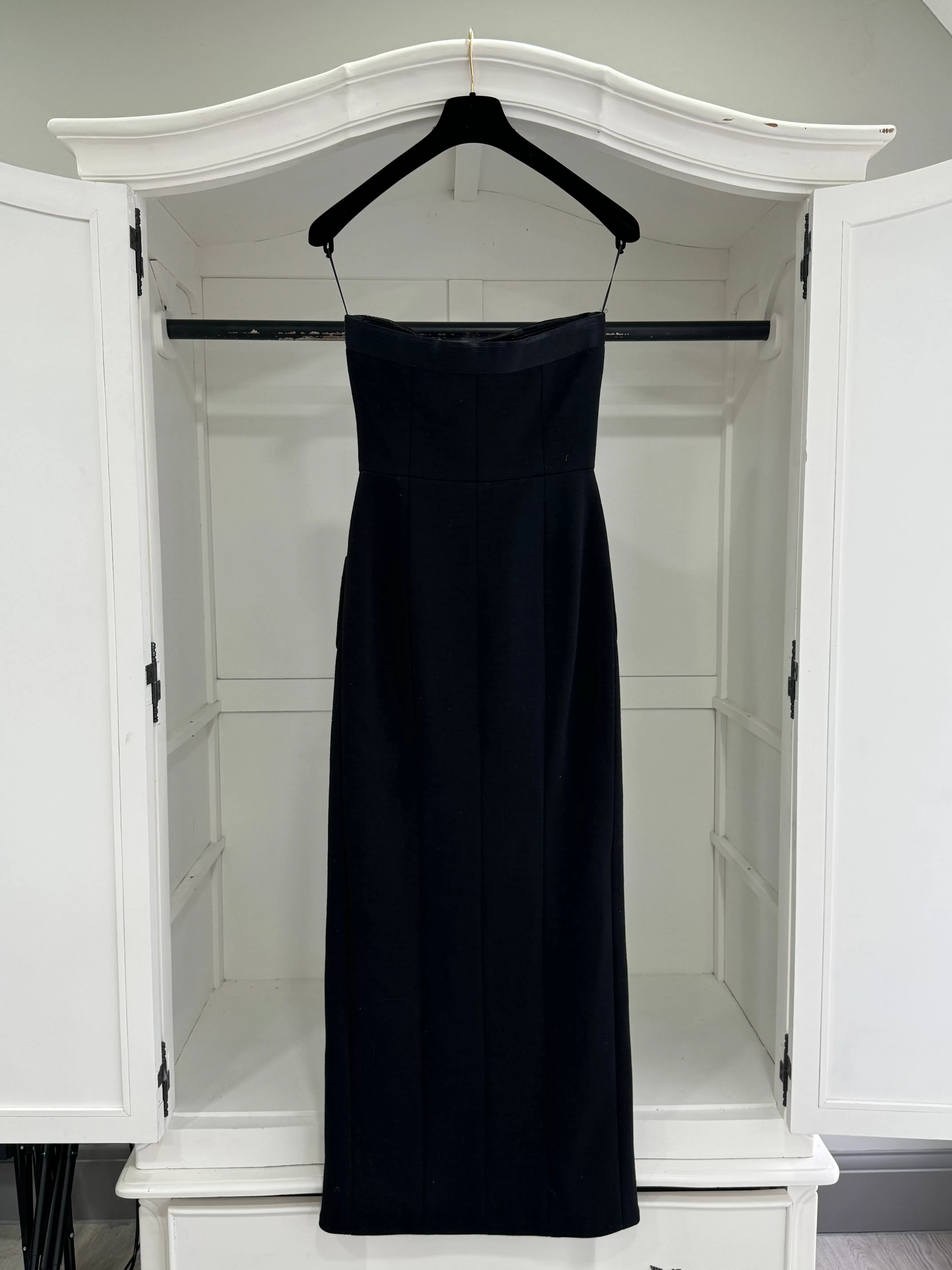 Chanel Black 100% Wool / Silk Lined Double Breasted Button Detailed Strapless Gown UK 8