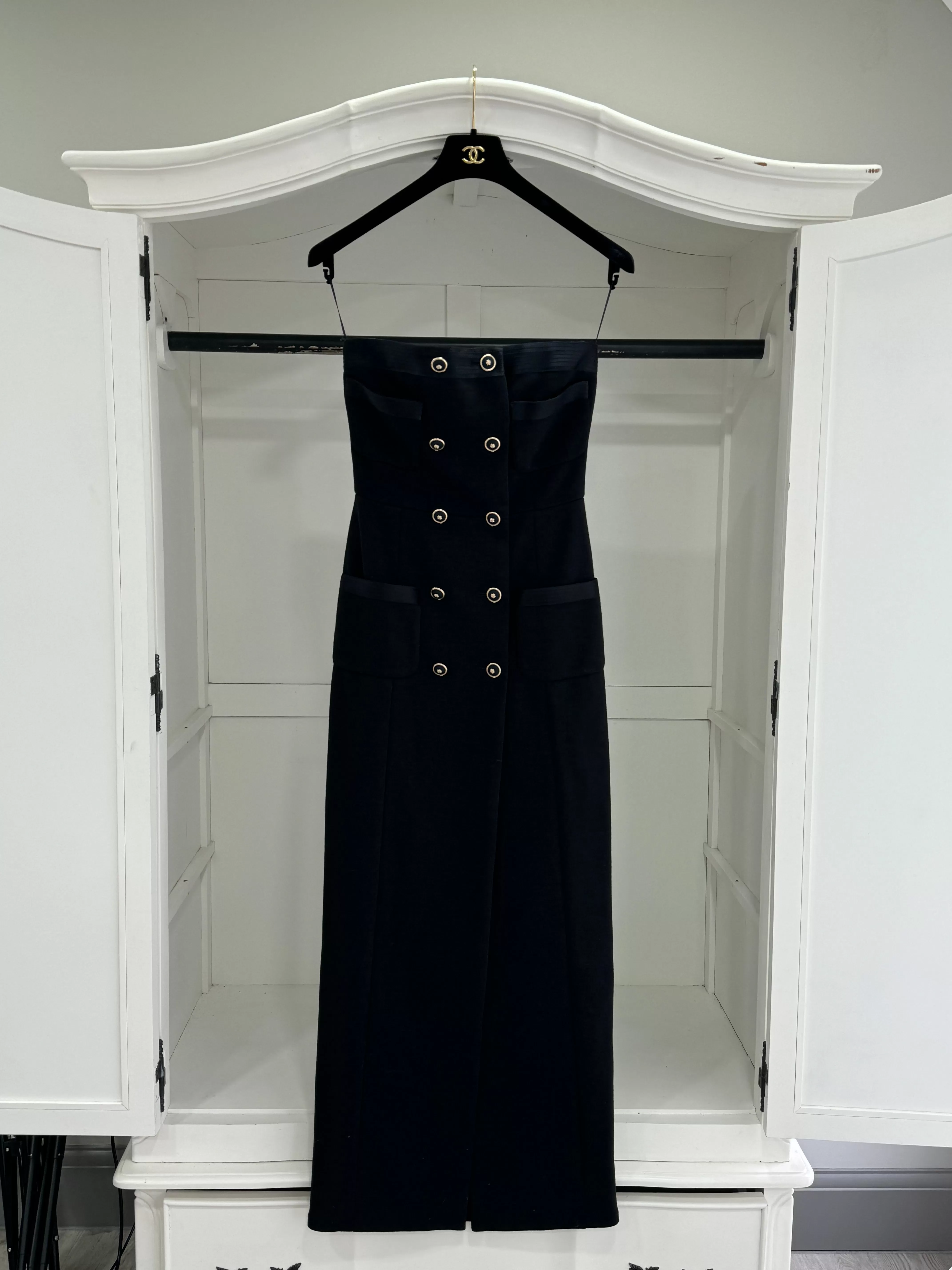 Chanel Black 100% Wool / Silk Lined Double Breasted Button Detailed Strapless Gown UK 8