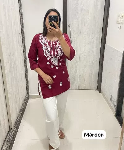 Cotton Chikankari Work Short Kurti 1Pc