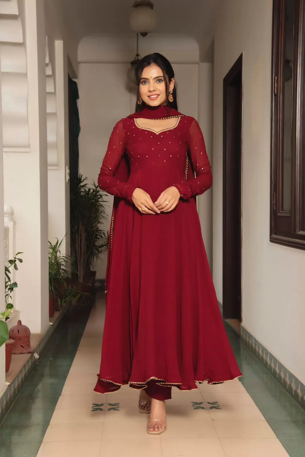 Dark Red Georgette Long Anarkali Dupatta Set