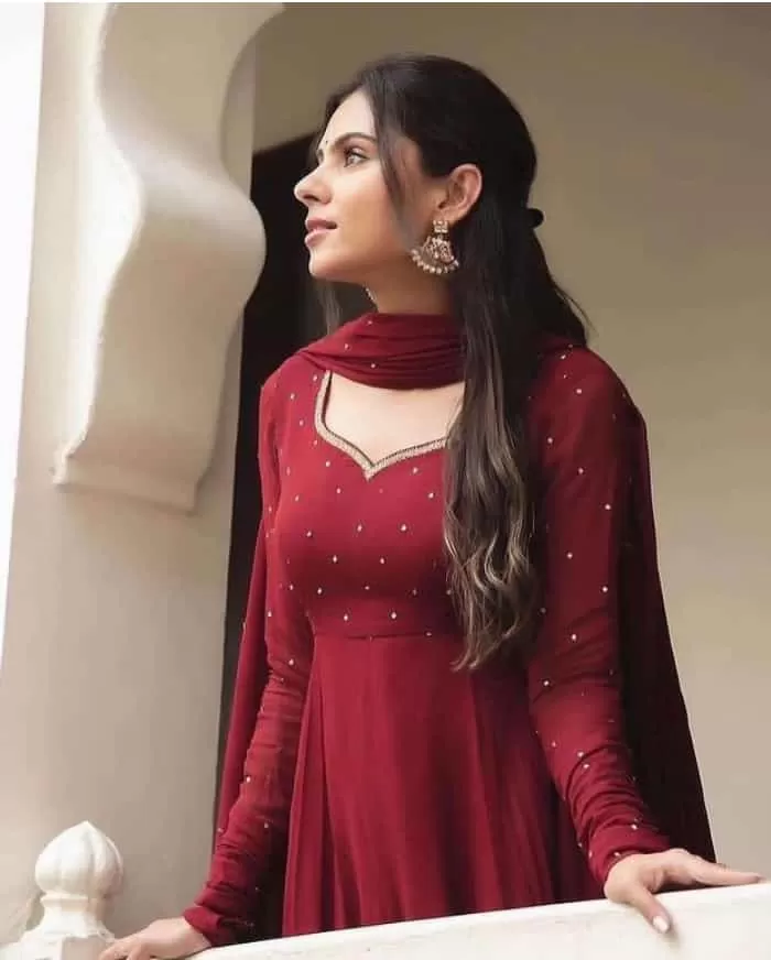 Dark Red Georgette Long Anarkali Dupatta Set