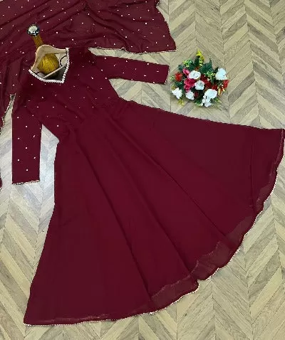 Dark Red Georgette Long Anarkali Dupatta Set