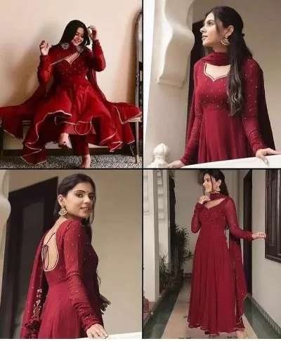 Dark Red Georgette Long Anarkali Dupatta Set