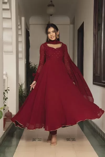 Dark Red Georgette Long Anarkali Dupatta Set