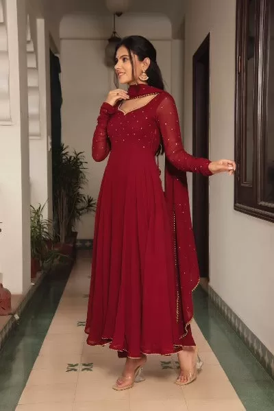 Dark Red Georgette Long Anarkali Dupatta Set