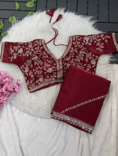 DarK Red Organza Silk Zari Saree with Readymade Stitched Blouse