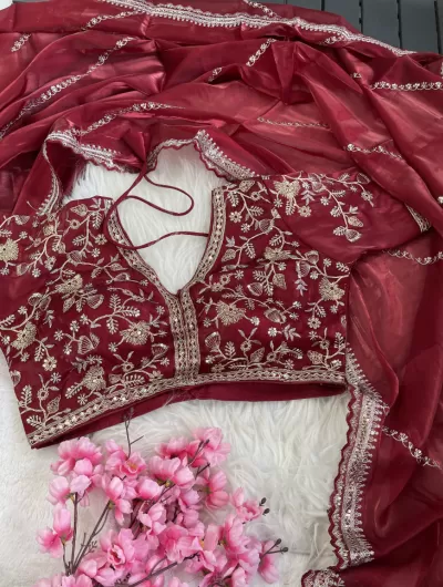 DarK Red Organza Silk Zari Saree with Readymade Stitched Blouse