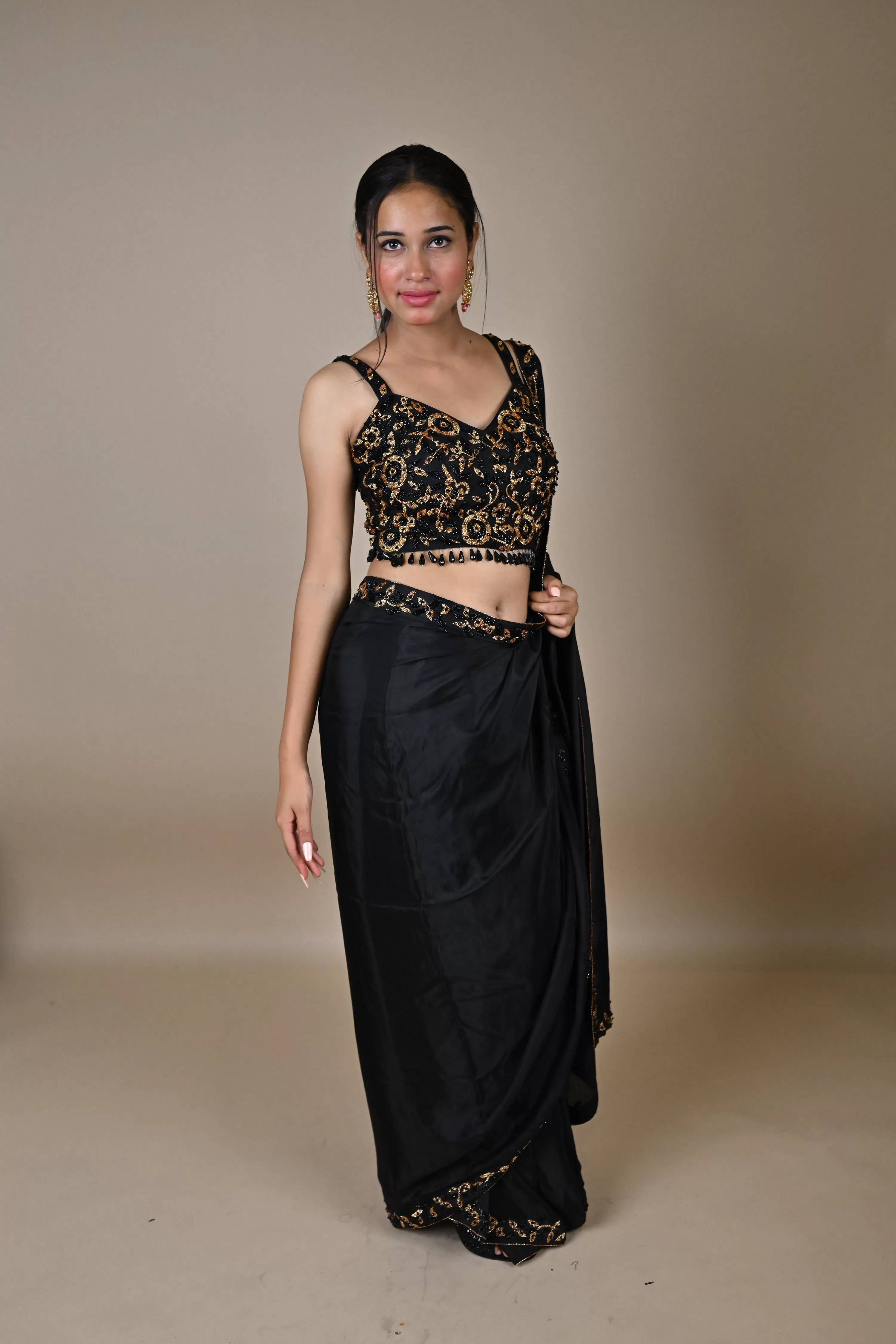 Designer Black Hand Embroidered Georgette Organza Saree.