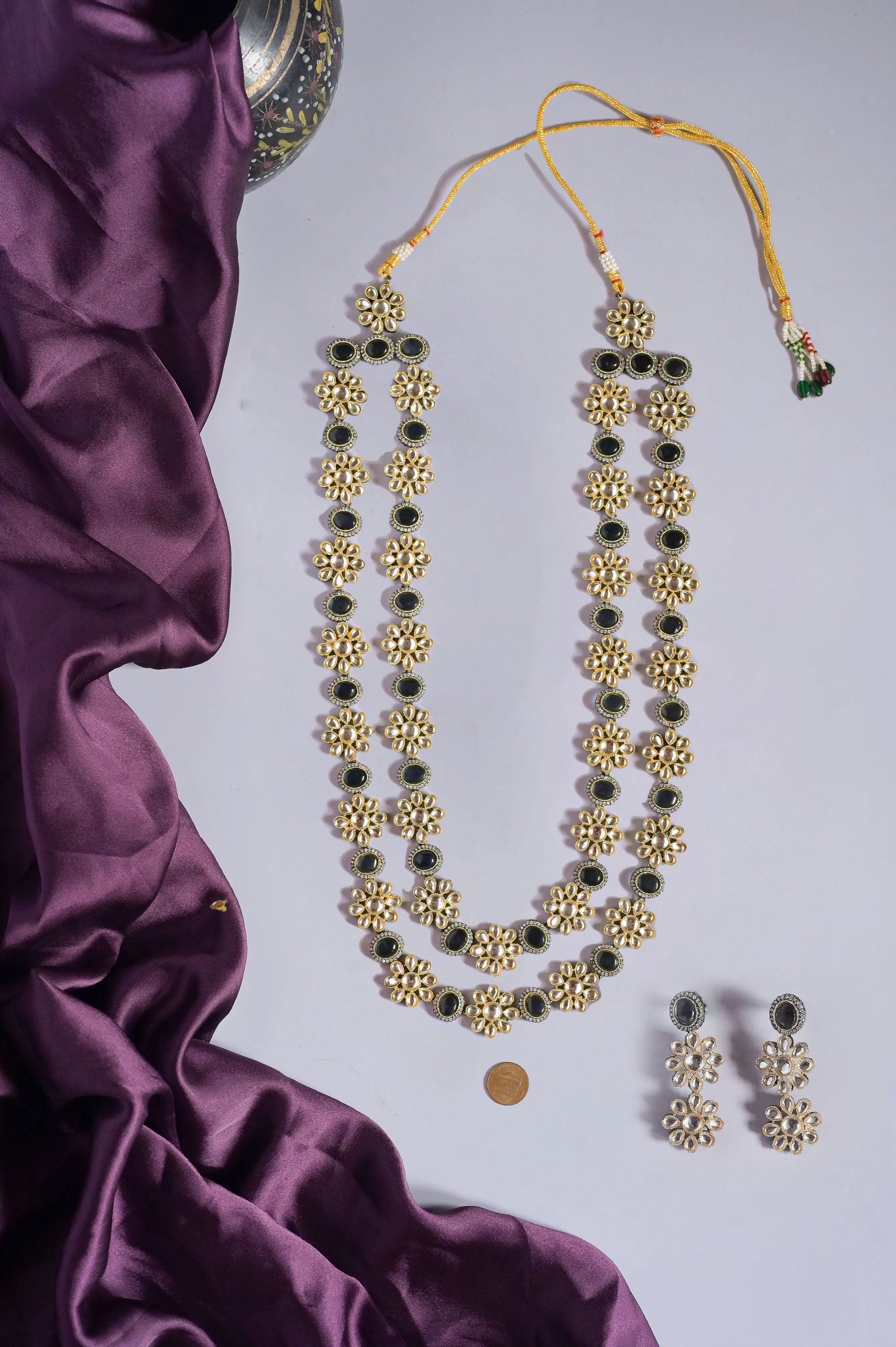 Double Layered Kundan Necklace Set with Monalisa Stone