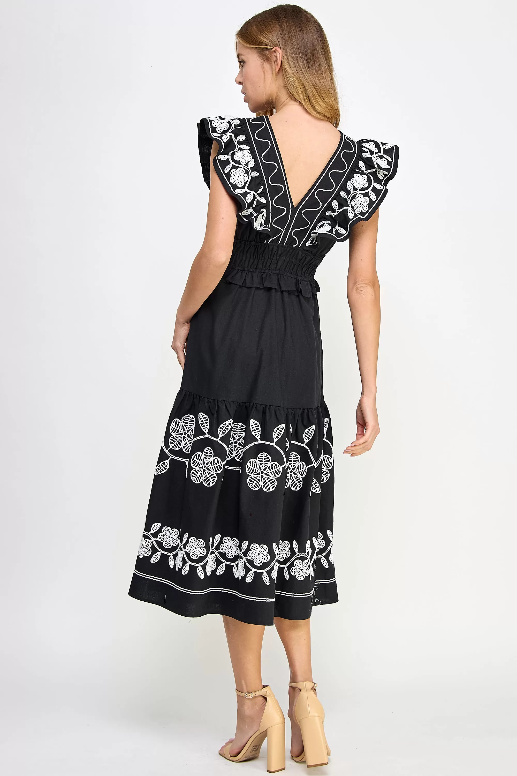 Embroidery Detailed Ruffle Linen Long Dress