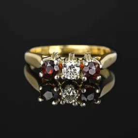 Estate Three Stone 14K Gold Diamond Garnet Ring