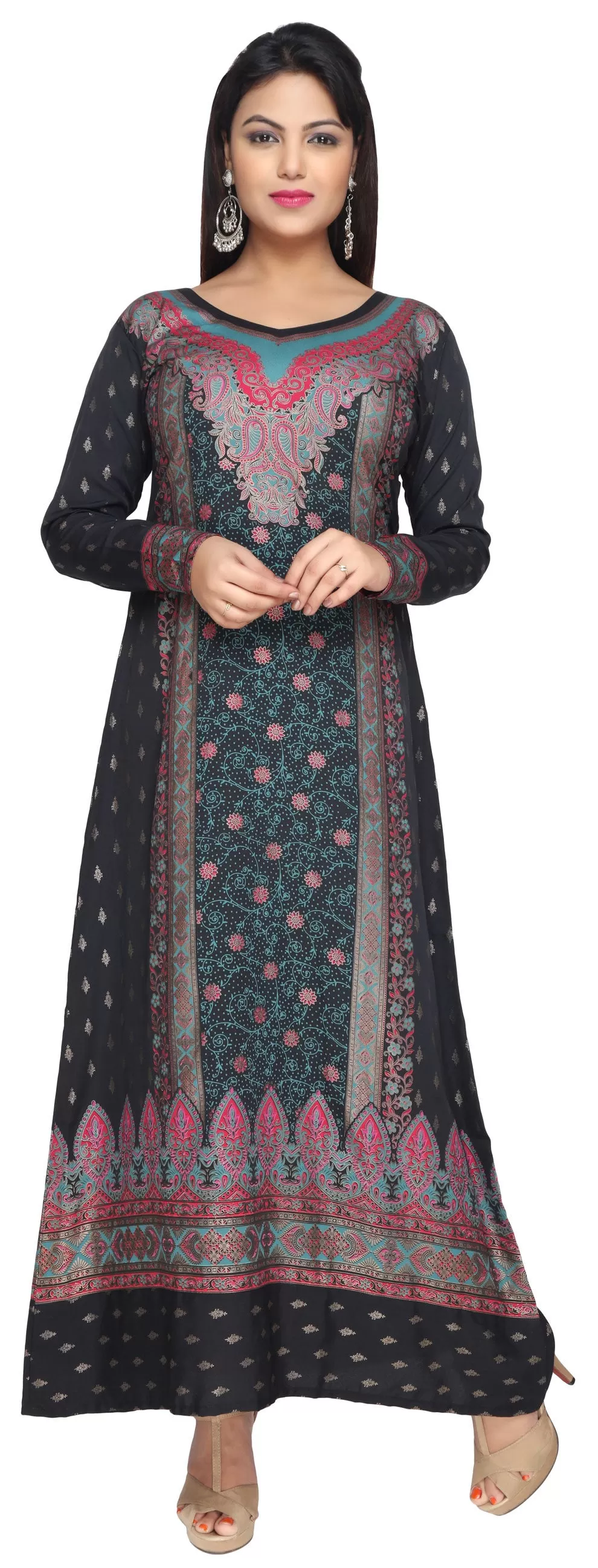 Evening Dress Printed Womens Long Caftan (Black-Turquoise)