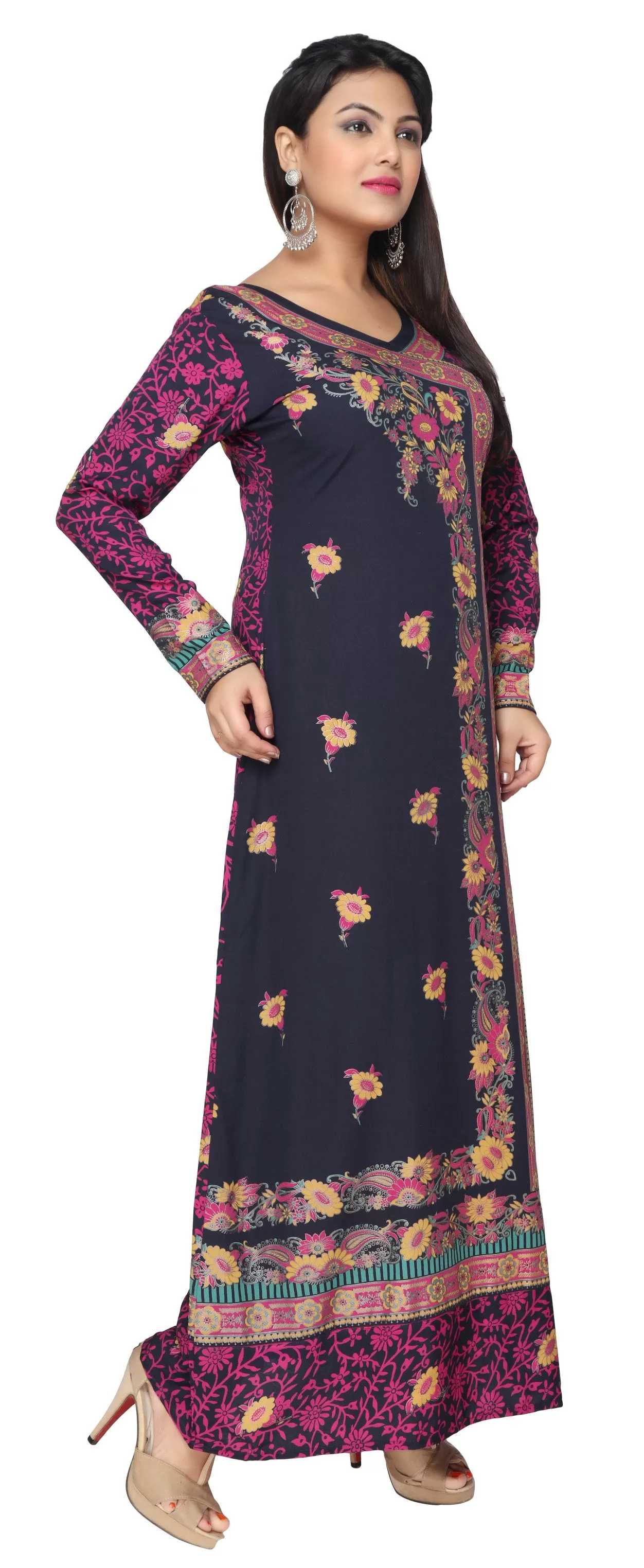 Evening Dress Printed Womens Long Caftan (Dark Blue)