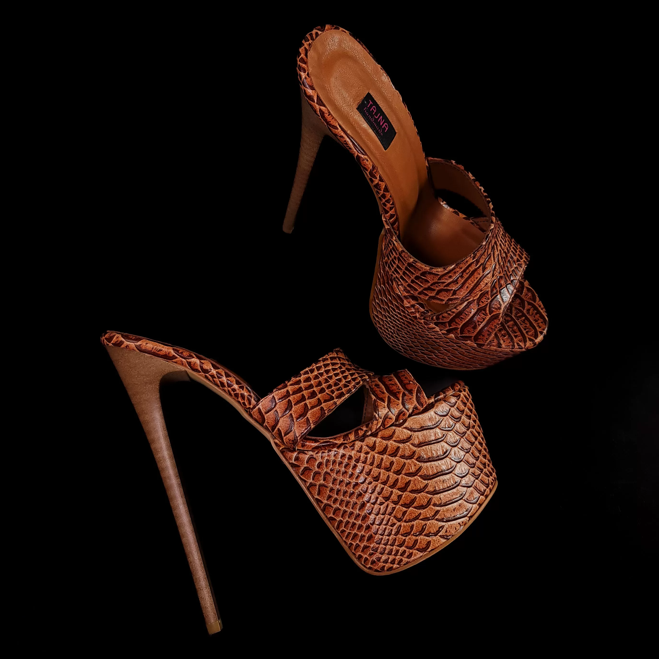 Exotic Brown Genuine Leather High Heel Mules