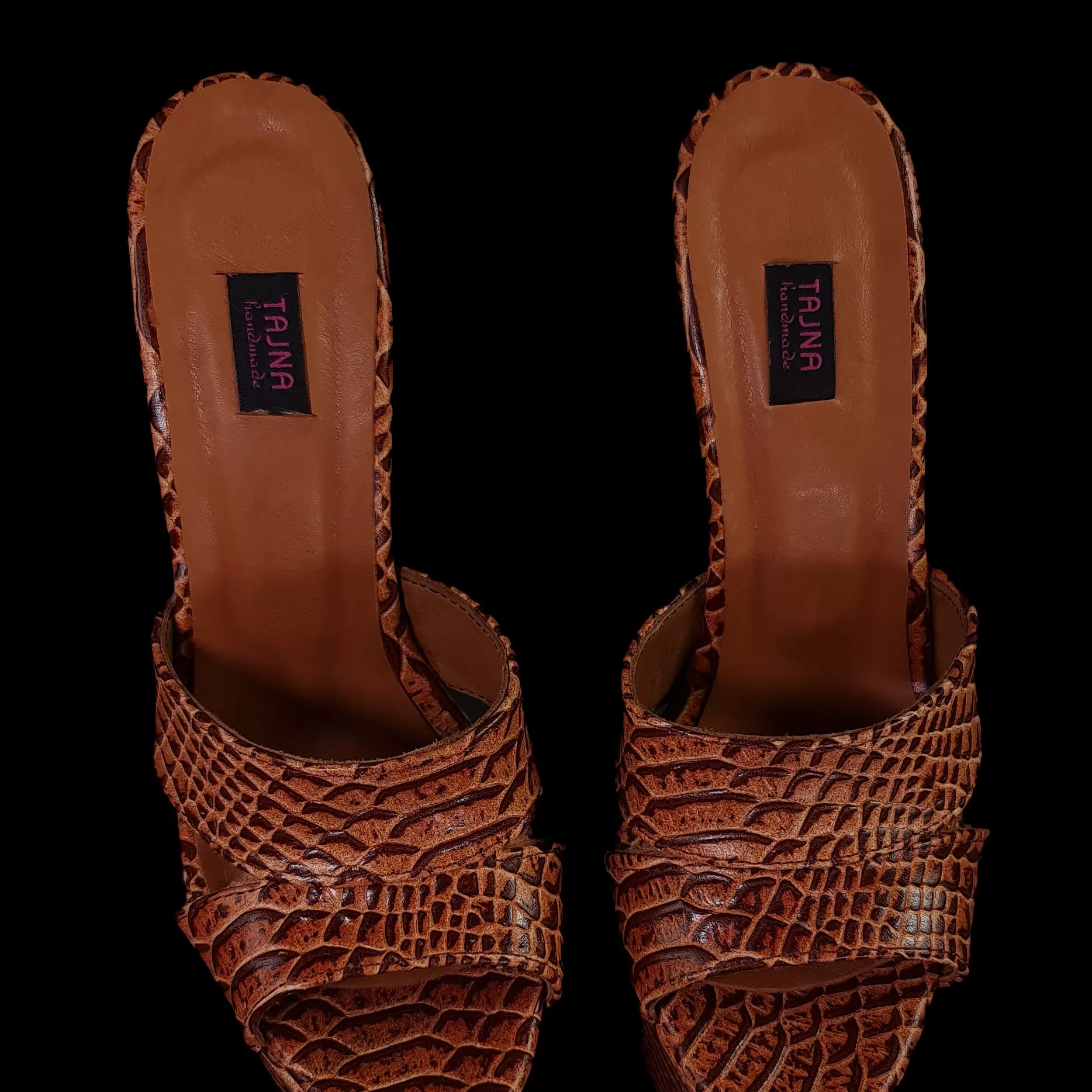 Exotic Brown Genuine Leather High Heel Mules