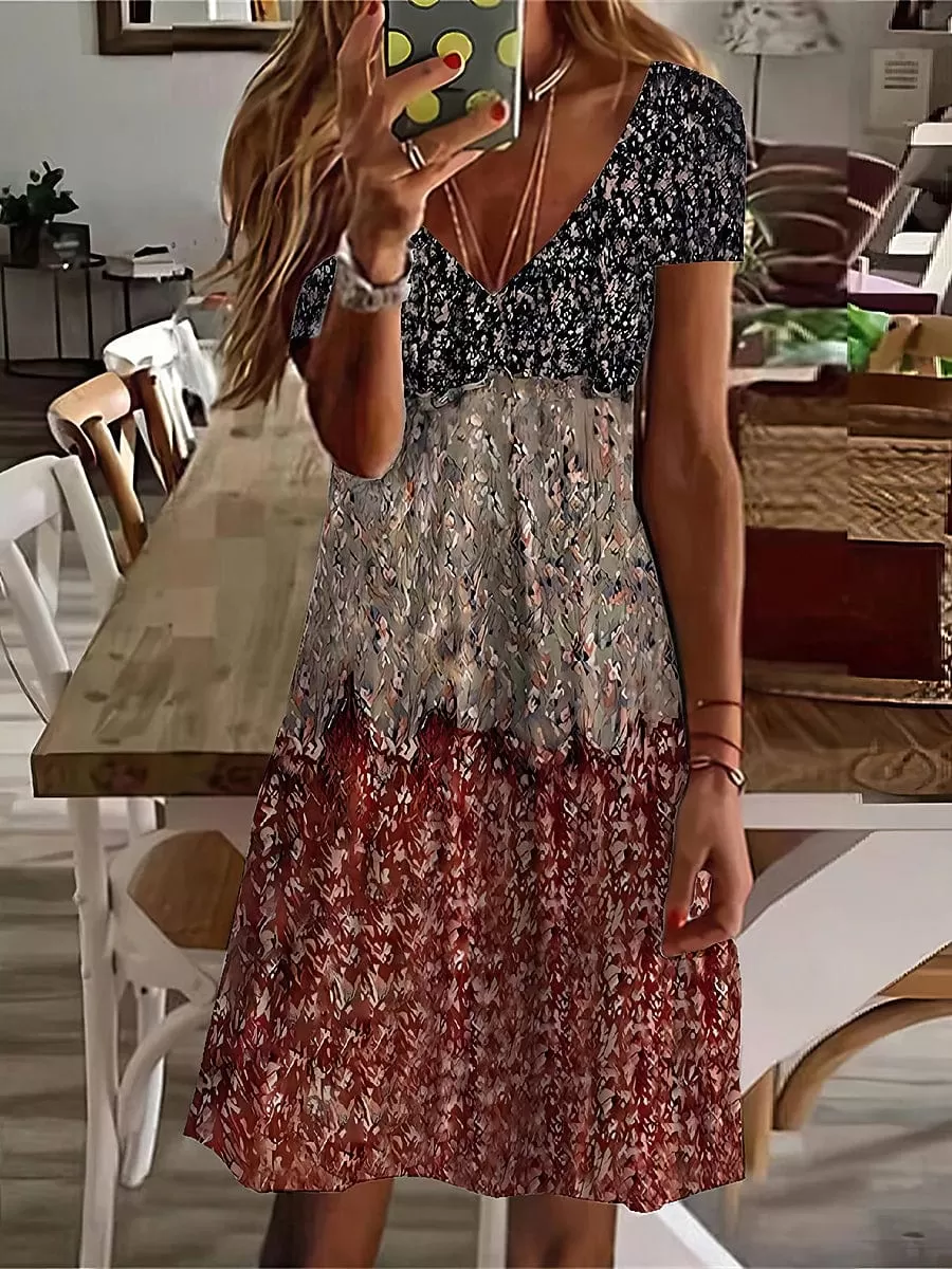 Floral Paisley Print V Neck Mini Dress for Women