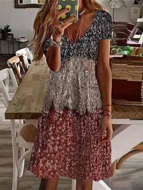 Floral Paisley Print V Neck Mini Dress for Women