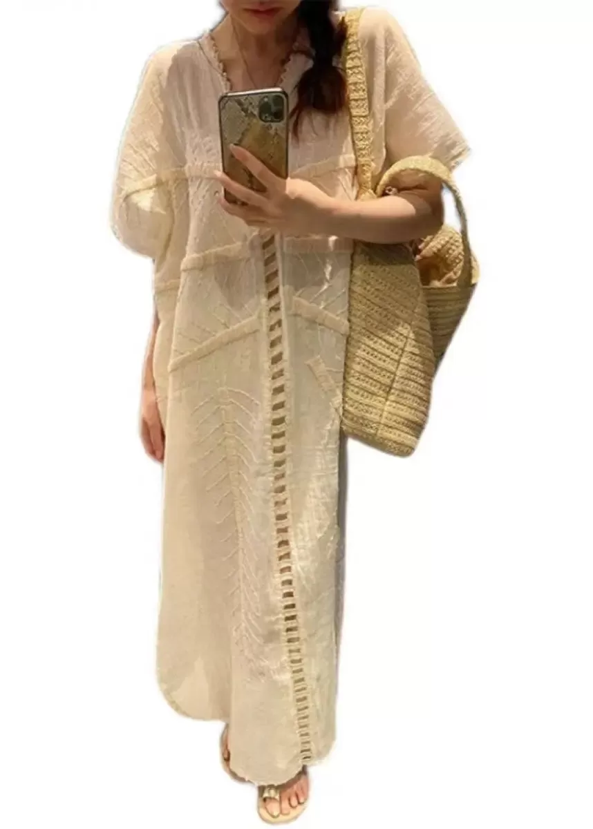 French Beige V Neck Hollow Out Cotton Long Dress Summer CG1018