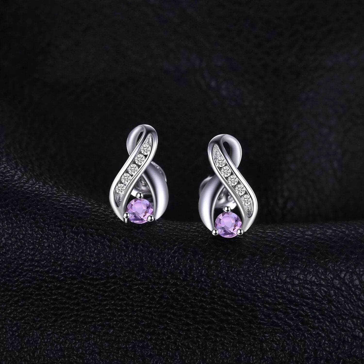 Genuine Purple Amethyst  Stud Earrings - 925 Sterling Silver