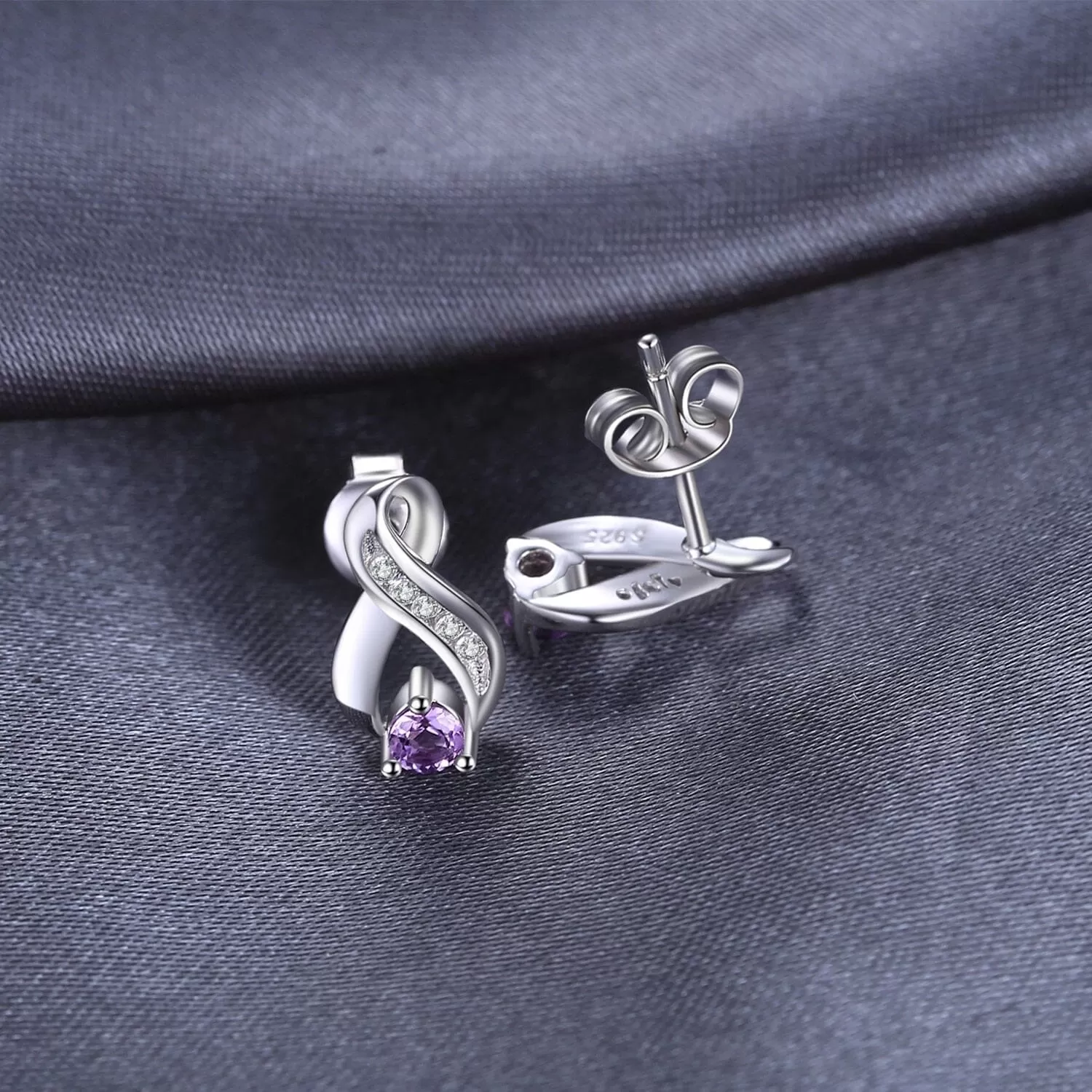 Genuine Purple Amethyst  Stud Earrings - 925 Sterling Silver