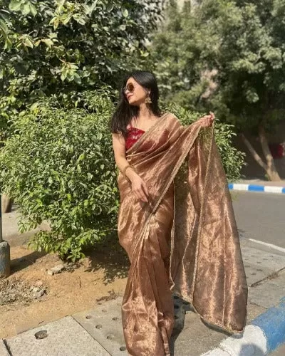 Gold Tissue Silk Saree With Velvet Stitched Readymade Blouse