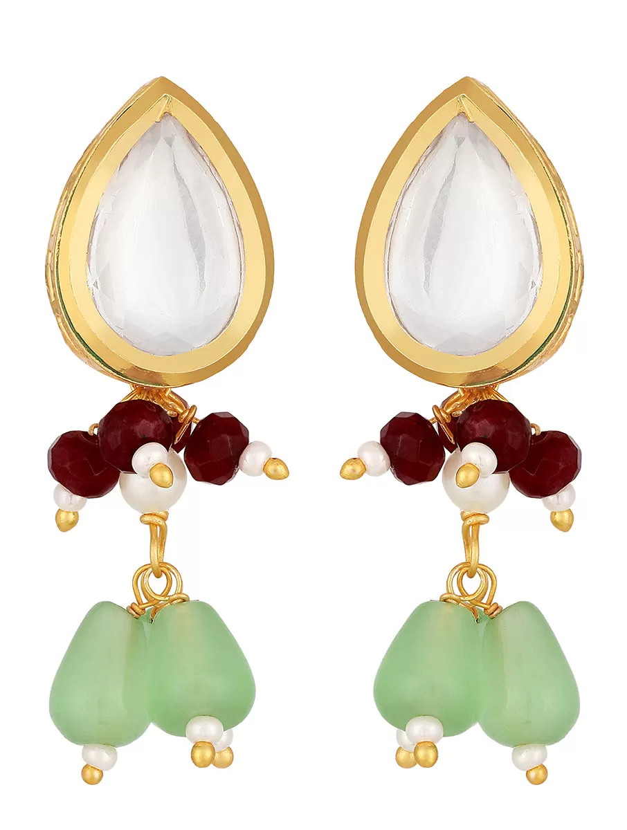 Golden, Mint Green, , Kundan Polki, Monalisa Agate Earrings