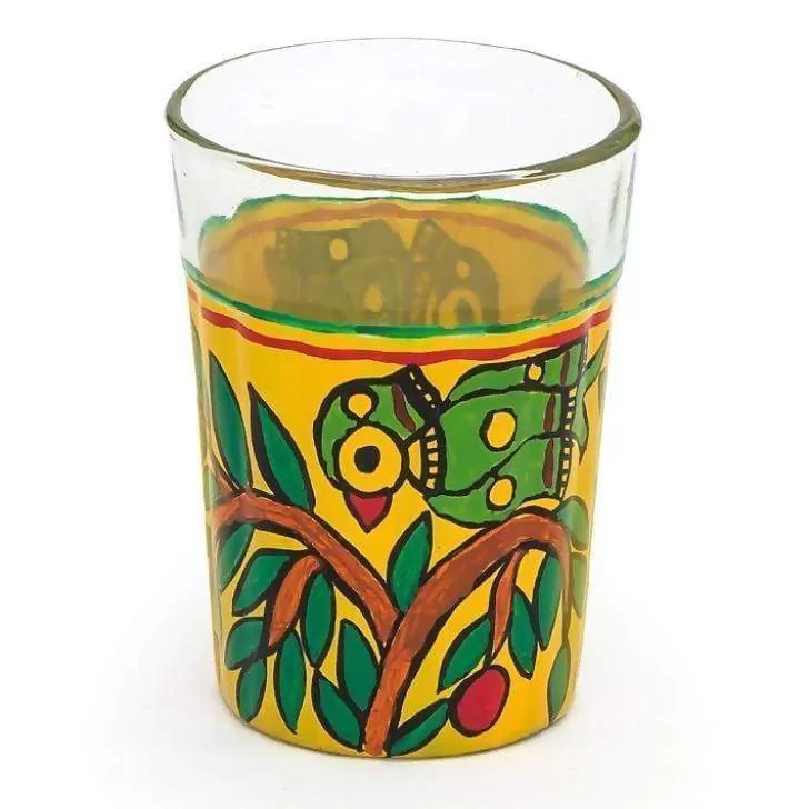 Hand Painted Yellow Set of Six Tea Glasses in Glass