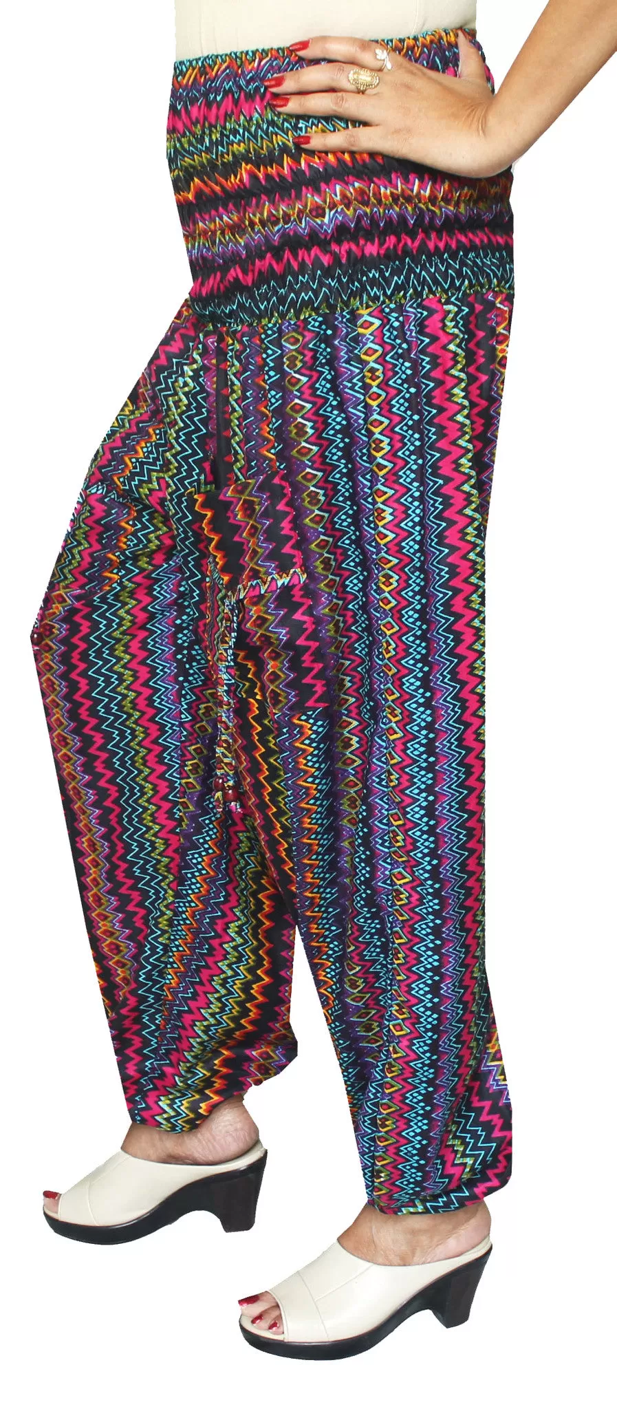 Harem Pants Womens Smocked Waist Hippie Rayon (Multicolour)