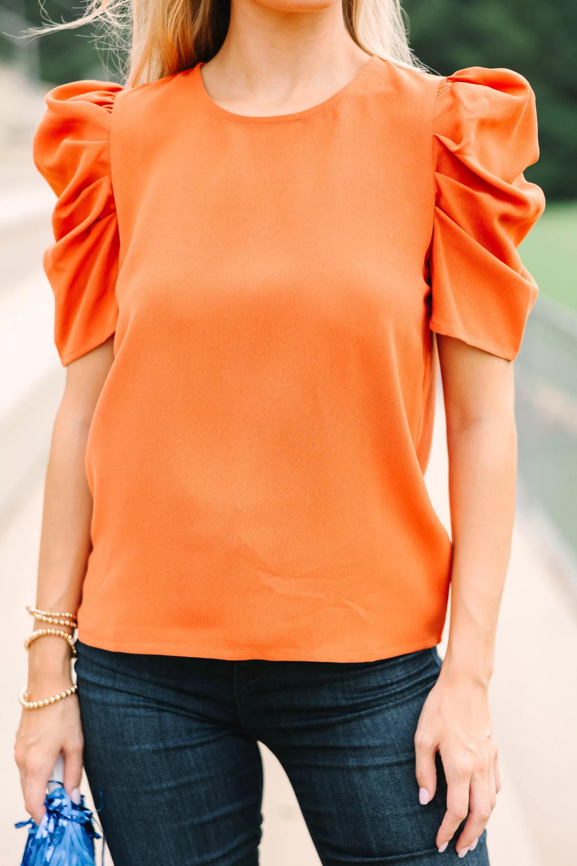 Here For The Drama Orange Puff Sleeve Blouse