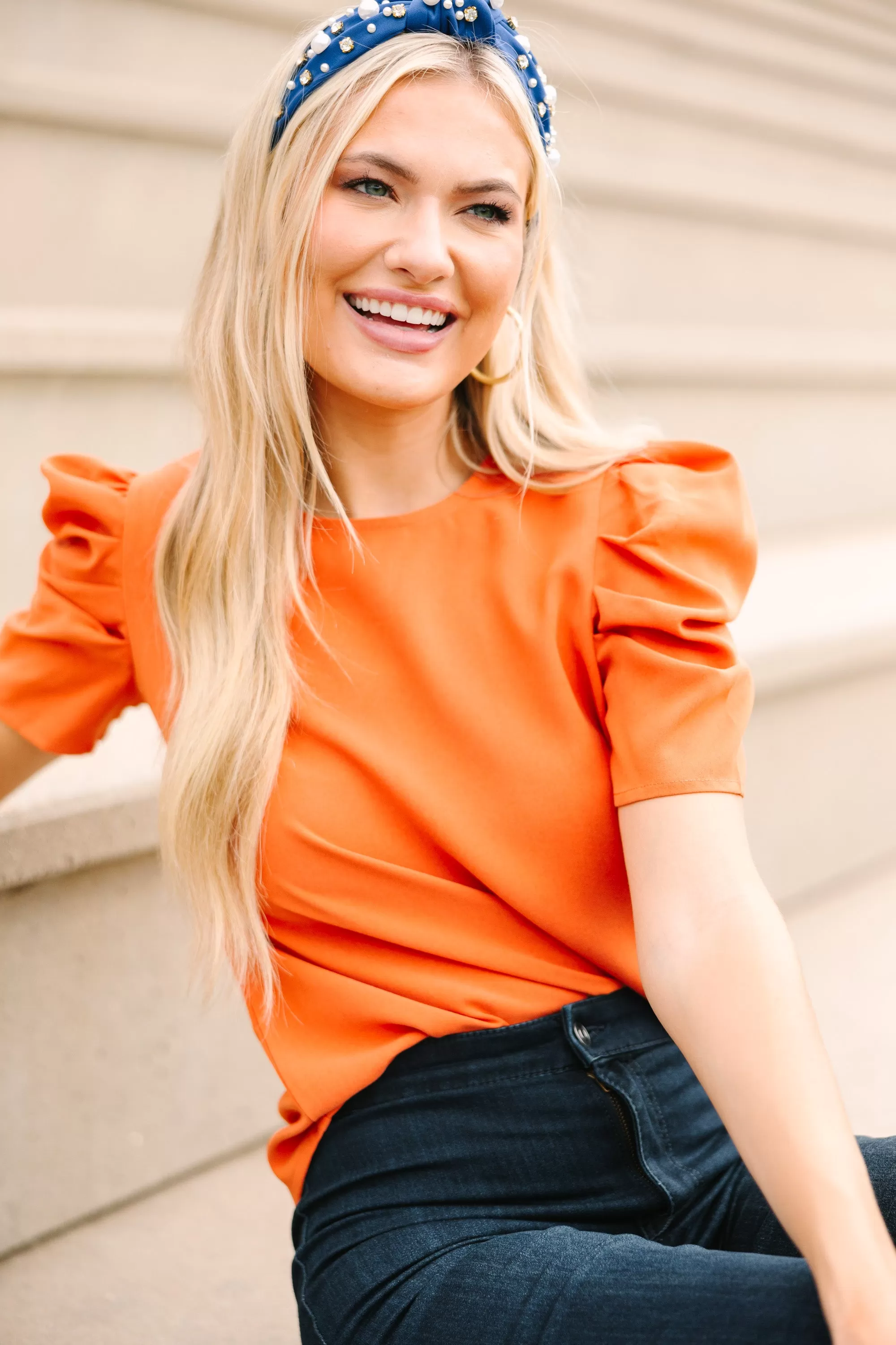 Here For The Drama Orange Puff Sleeve Blouse