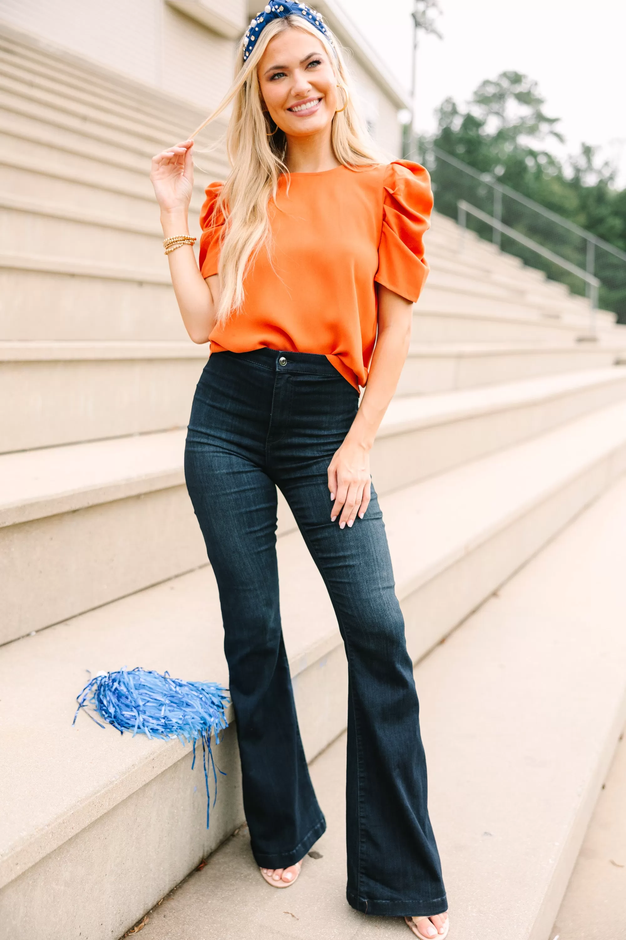 Here For The Drama Orange Puff Sleeve Blouse