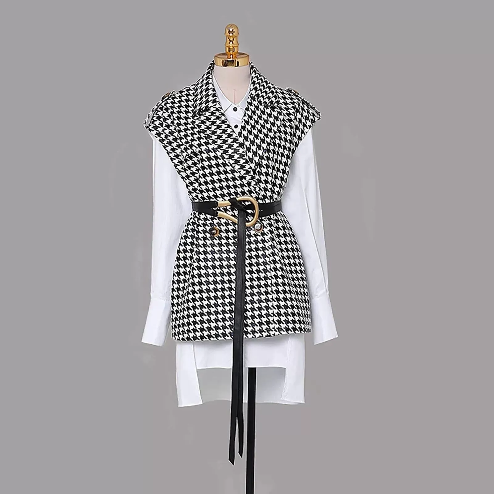 Houndstooth Vest & Long White Blouse Two-Piece Set