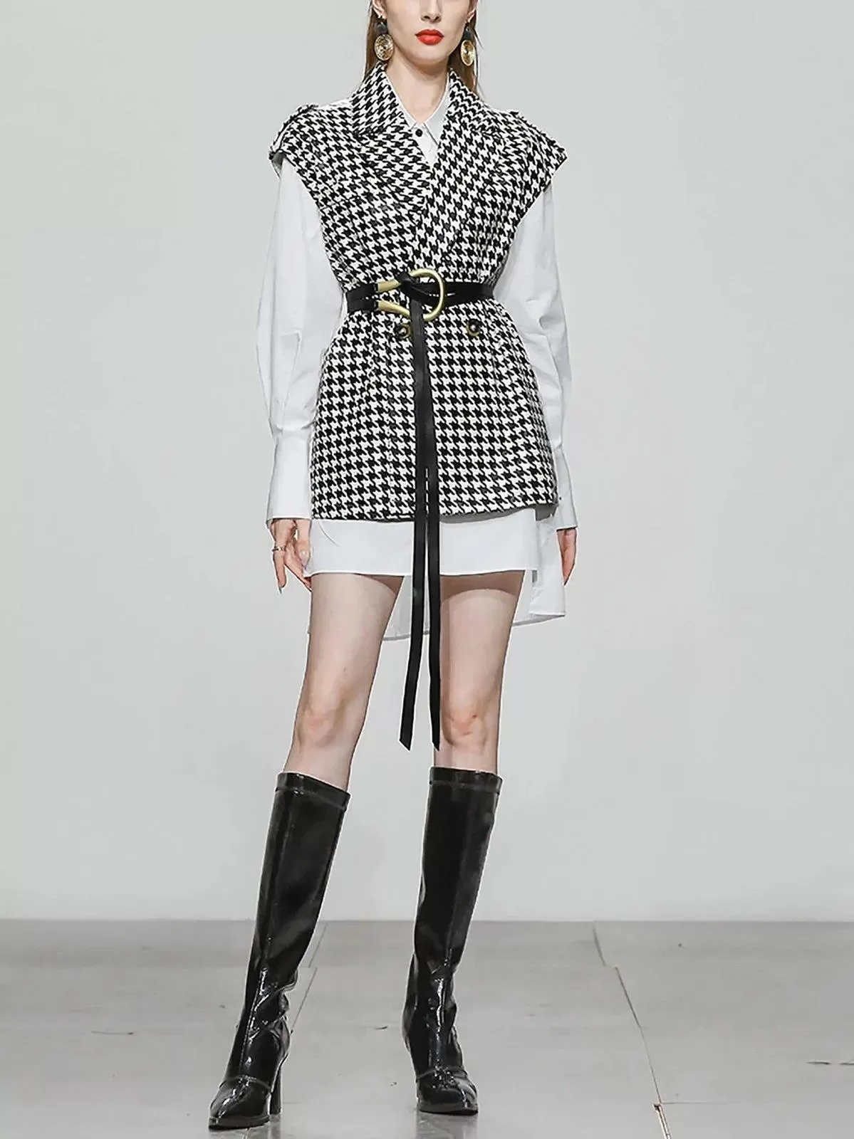 Houndstooth Vest & Long White Blouse Two-Piece Set