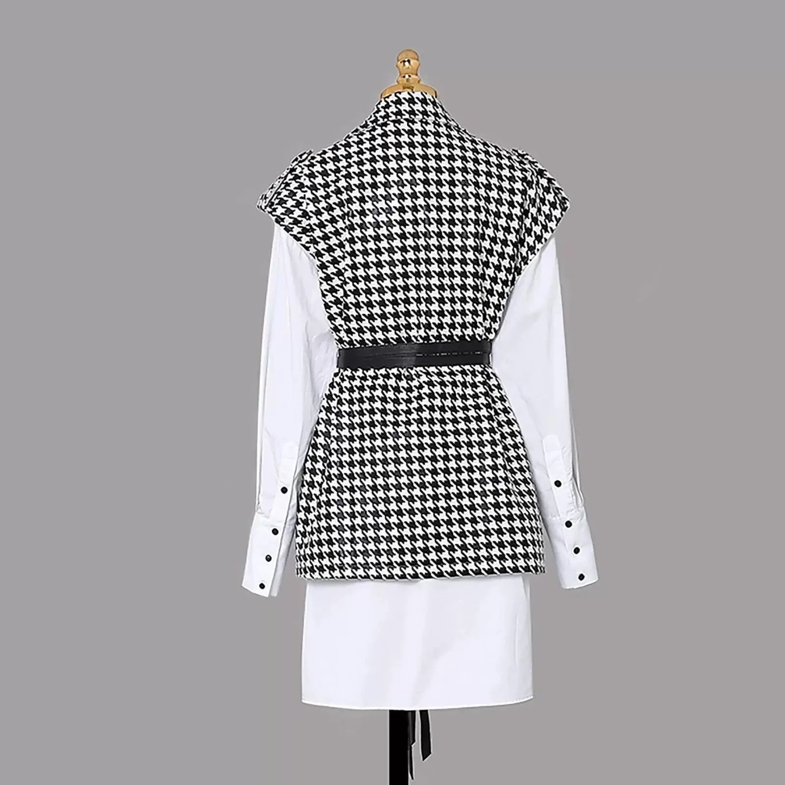 Houndstooth Vest & Long White Blouse Two-Piece Set