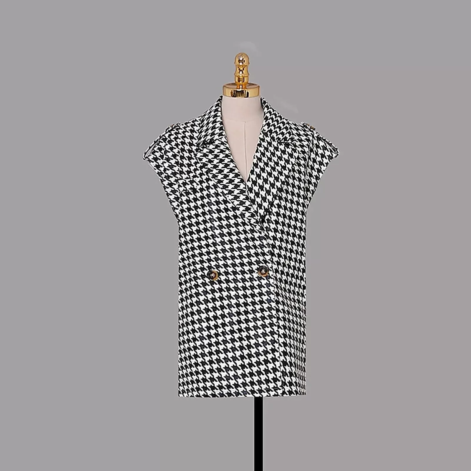 Houndstooth Vest & Long White Blouse Two-Piece Set