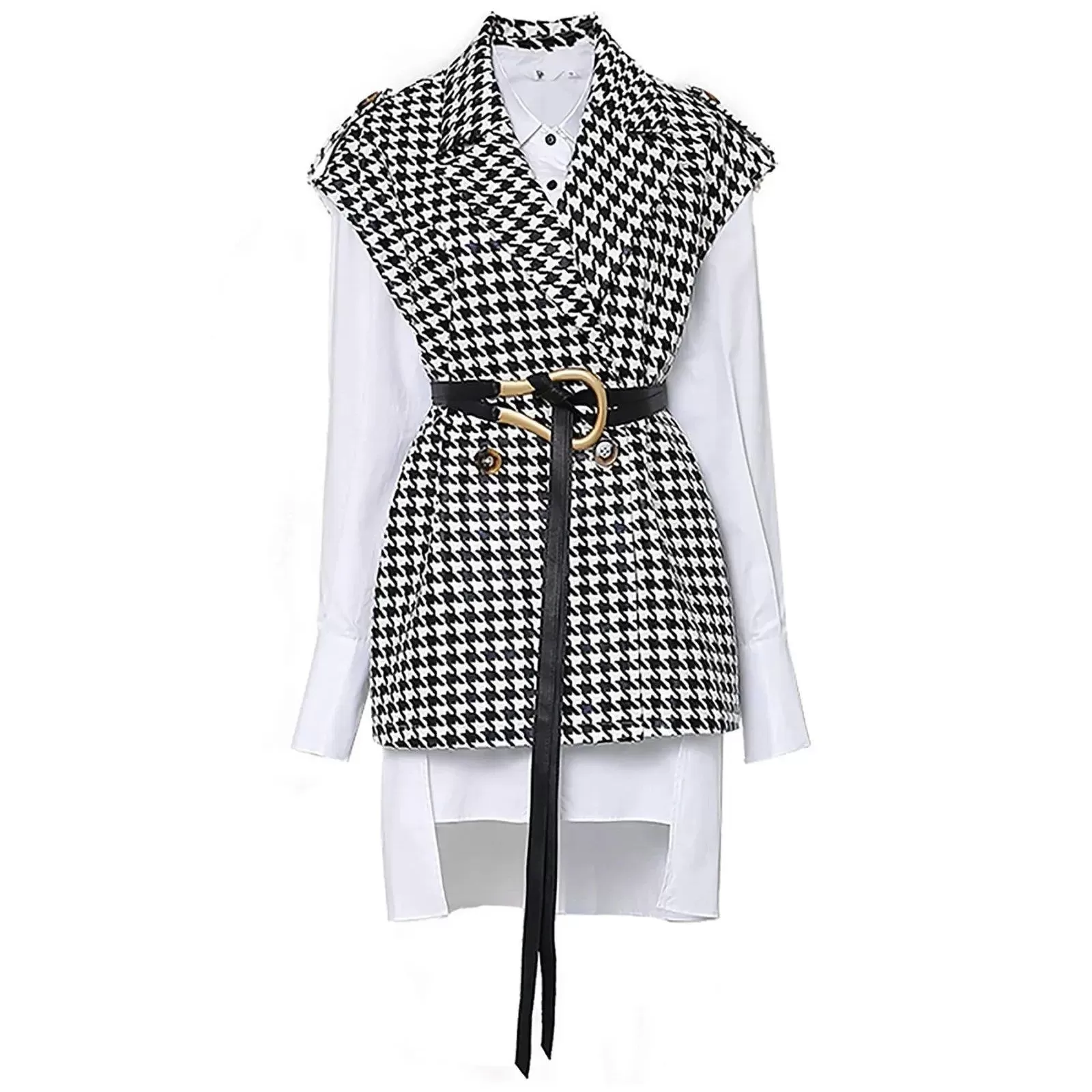 Houndstooth Vest & Long White Blouse Two-Piece Set