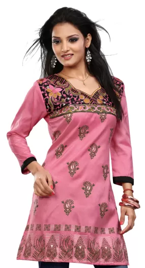 India Long Tunic Top Kurti Womens Embroidered Indian Apparel (Pink)