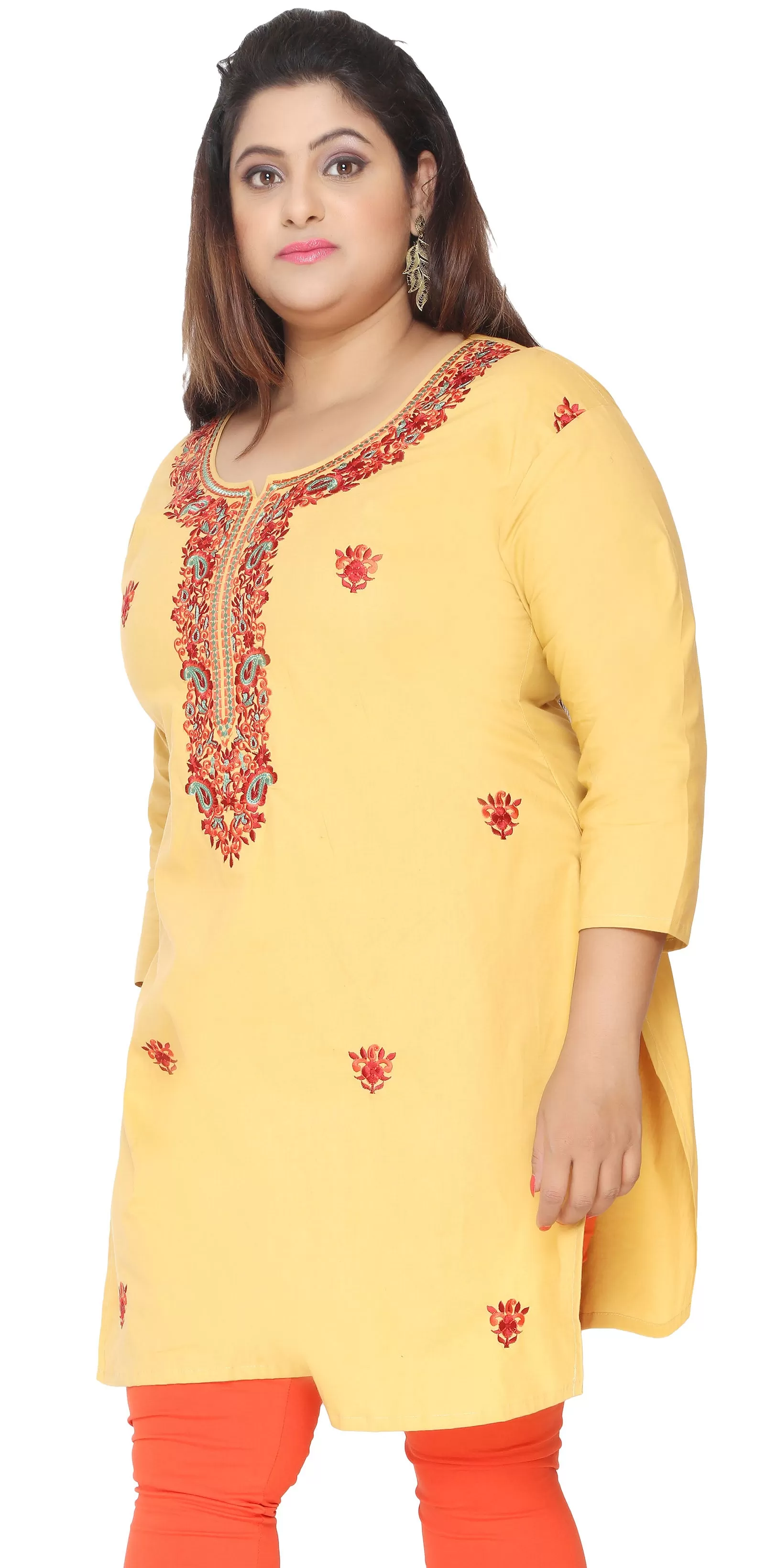 India Tunic Cotton Long Top Kurti Womens Plus Size Clothes (Yellow)