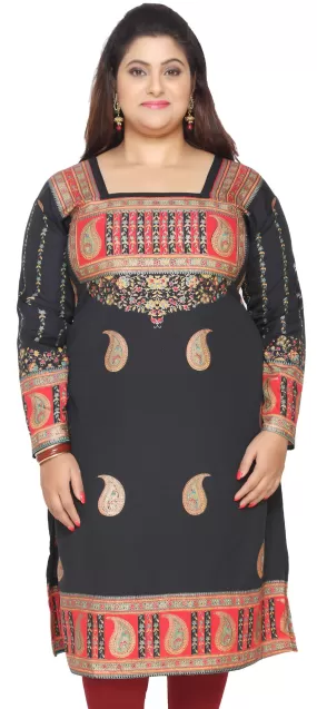 India Tunic Long Top Kurti Womens Plus Size Clothes (Black)